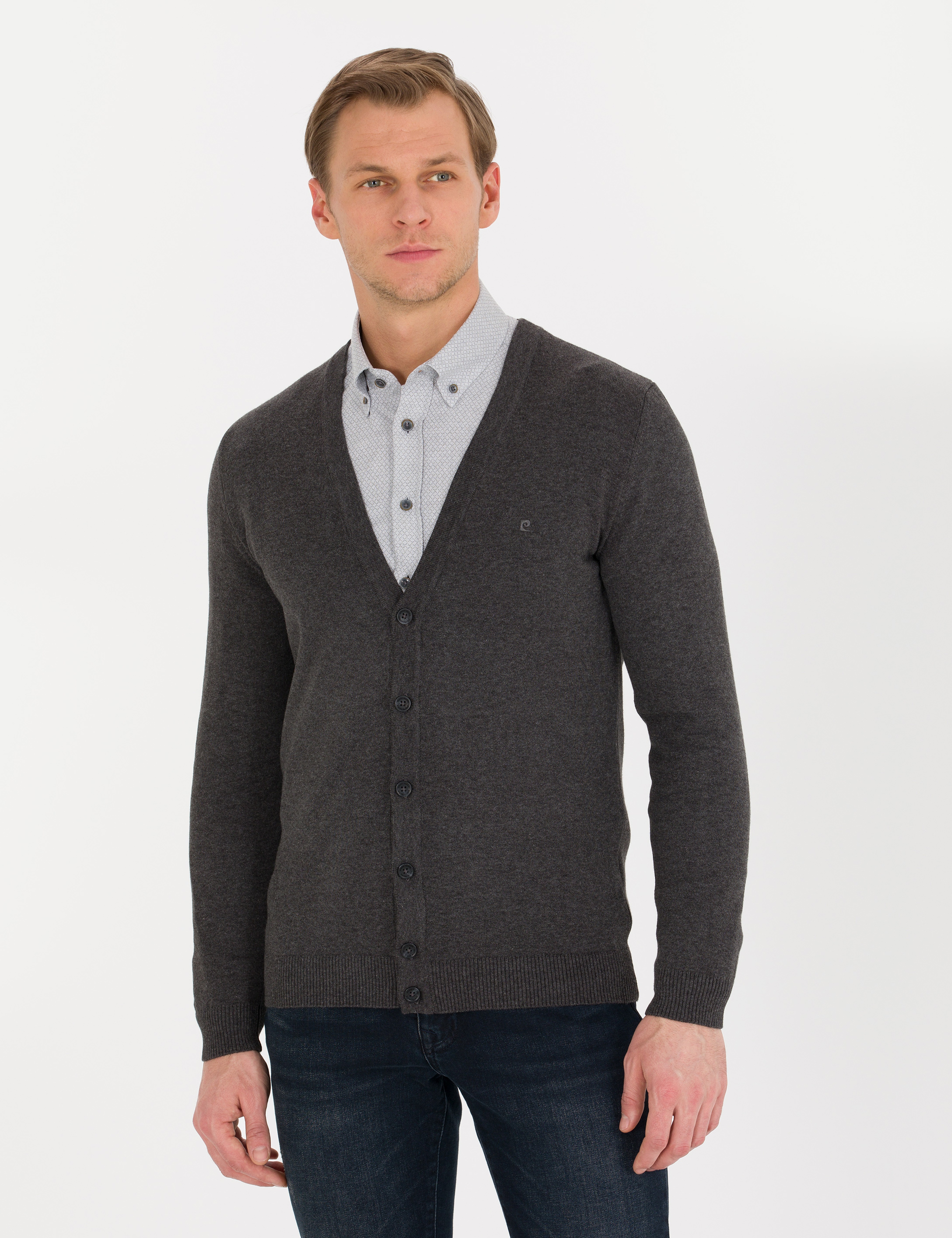Gri Melanj Slim Fit Basic Düğmeli Triko Hırka - Image 4