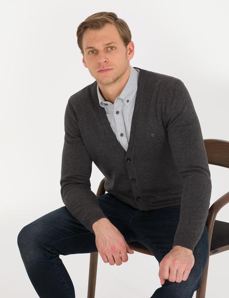 Gri Melanj Slim Fit Basic Triko Hırka - 50259003031