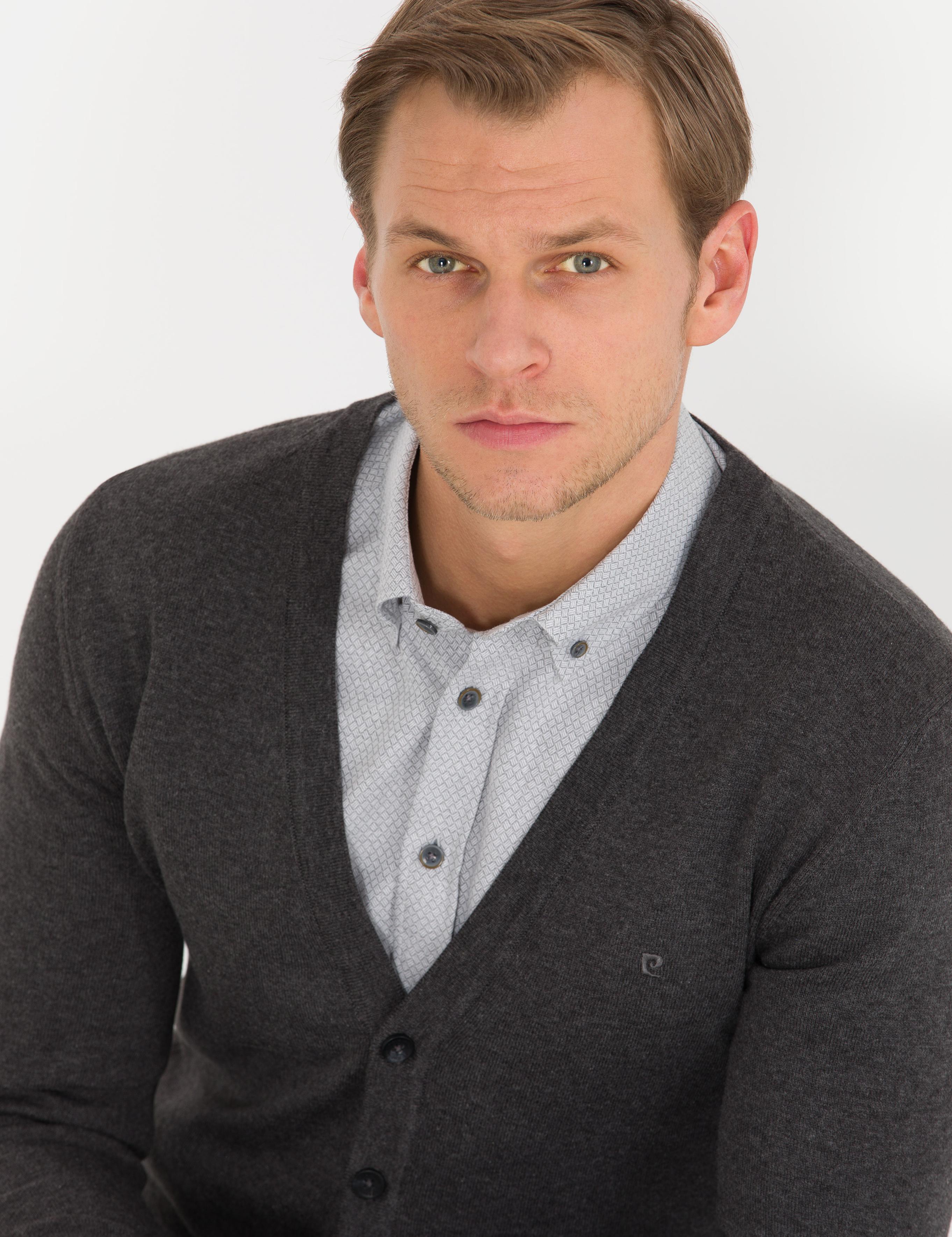 Gri Melanj Slim Fit Basic Triko Hırka