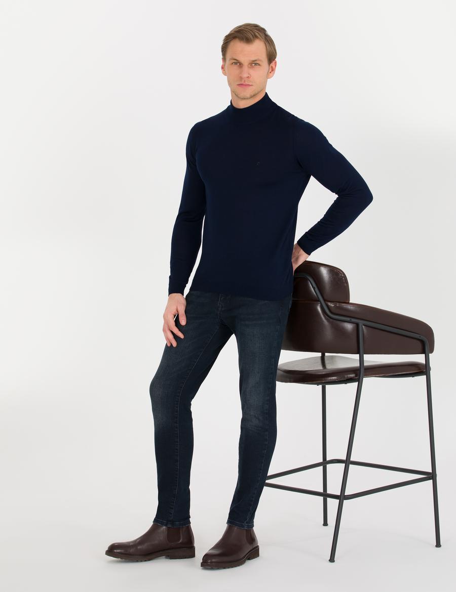 Lacivert Slim Fit Yarım Balıkçı Yaka Yün Karışımlı Basic Triko Kazak