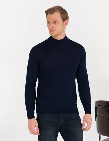 Lacivert Slim Fit Yarım Balıkçı Yaka Yün Karışımlı Basic Triko Kazak