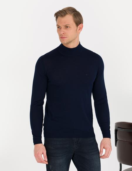 Lacivert Slim Fit Yarım Balıkçı Yaka Yün Karışımlı Basic Triko Kazak - 50257313013