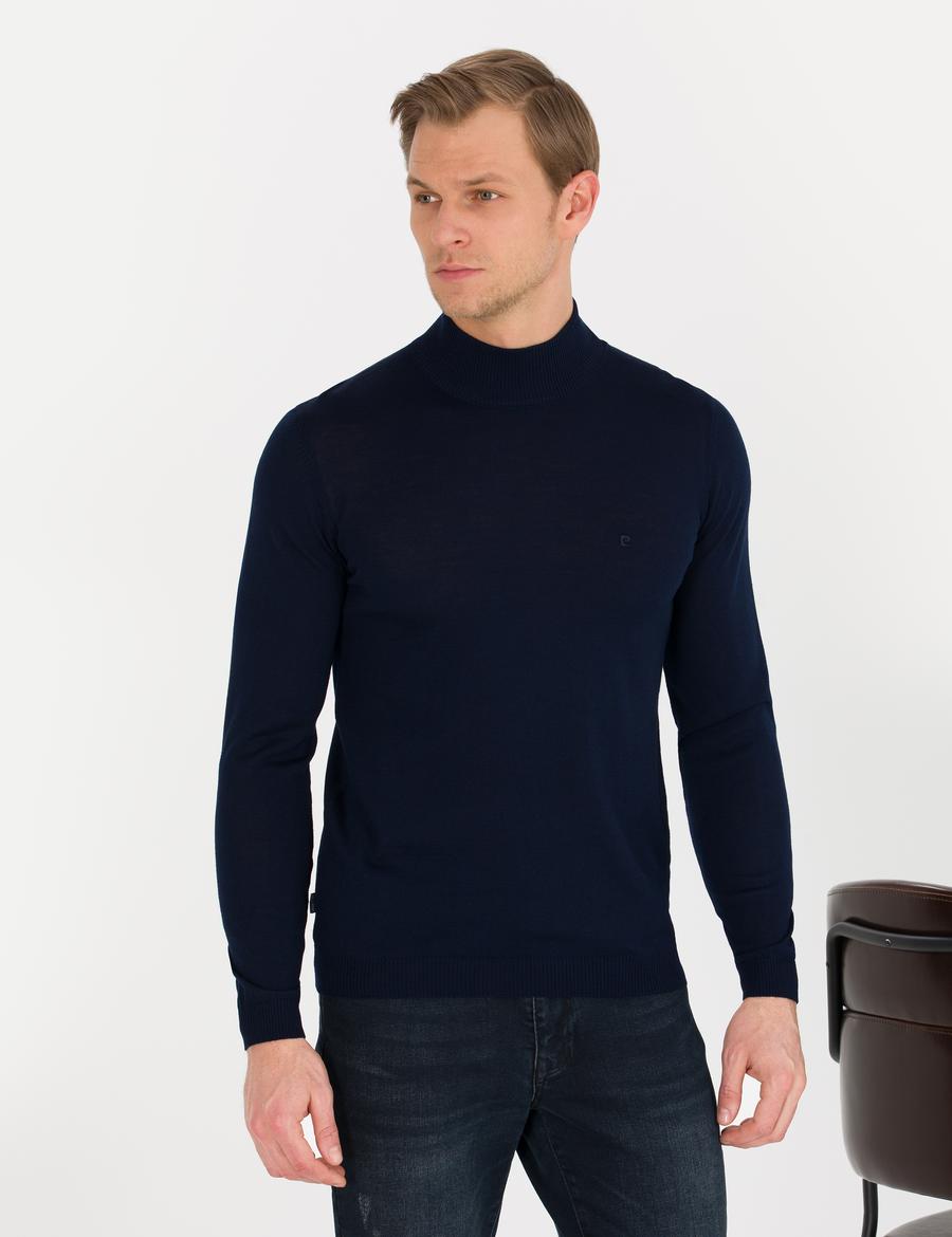 Lacivert Slim Fit Yarım Balıkçı Yaka Yün Karışımlı Basic Triko Kazak
