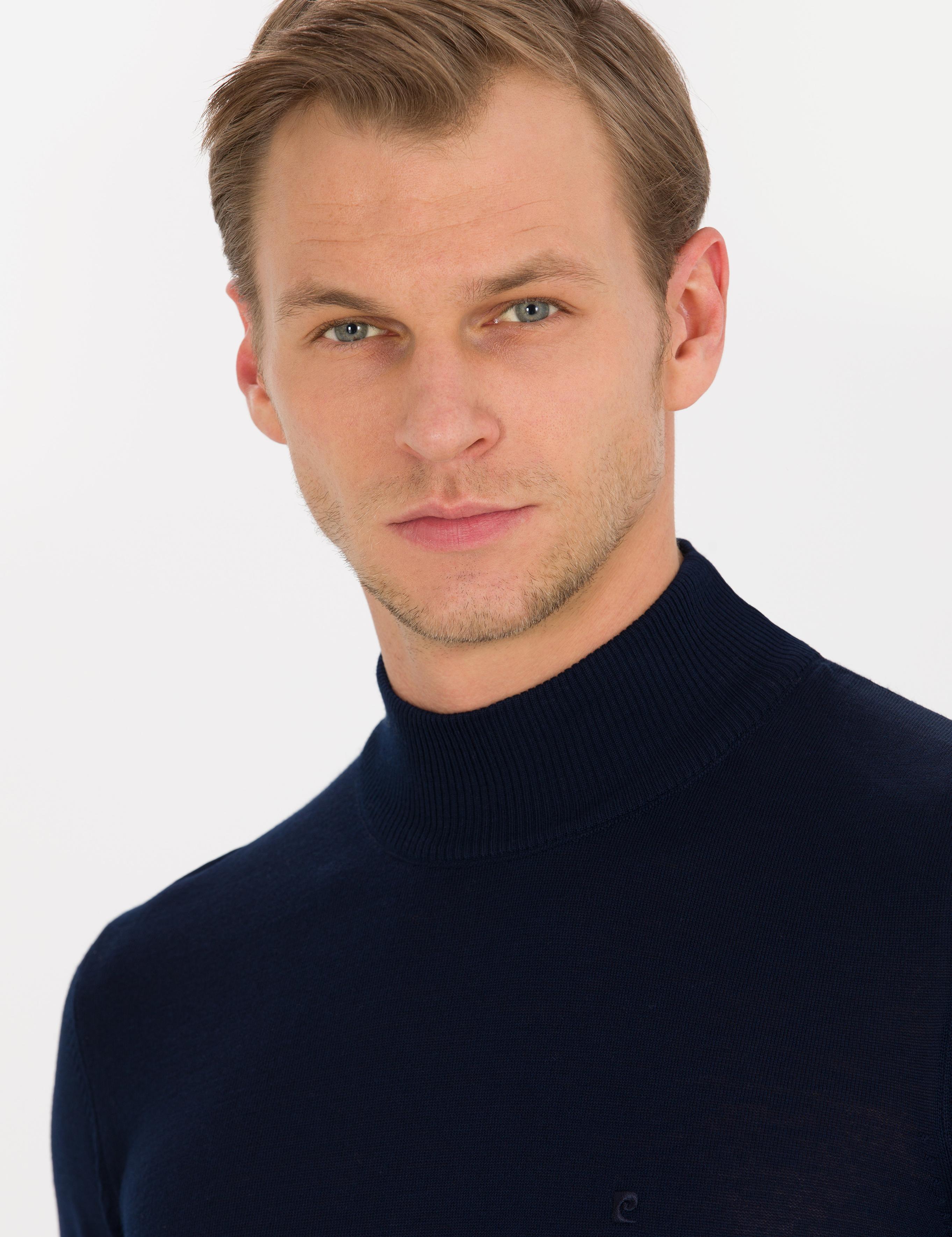 Lacivert Slim Fit Yarım Balıkçı Yaka Yün Karışımlı Basic Triko Kazak