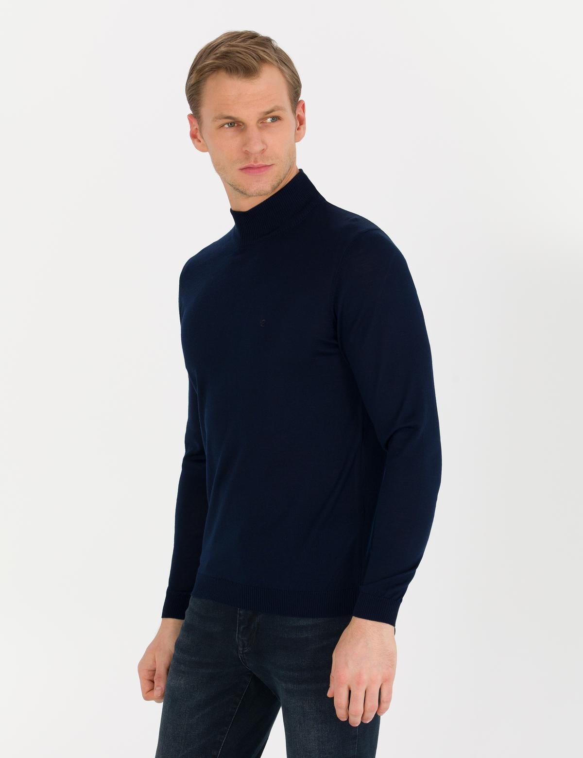 Lacivert Slim Fit Yarım Balıkçı Yaka Yün Karışımlı Basic Triko Kazak - 50257313013