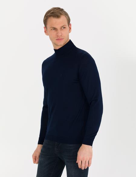 Lacivert Slim Fit Yarım Balıkçı Yaka Yün Karışımlı Basic Triko Kazak - 50257313013