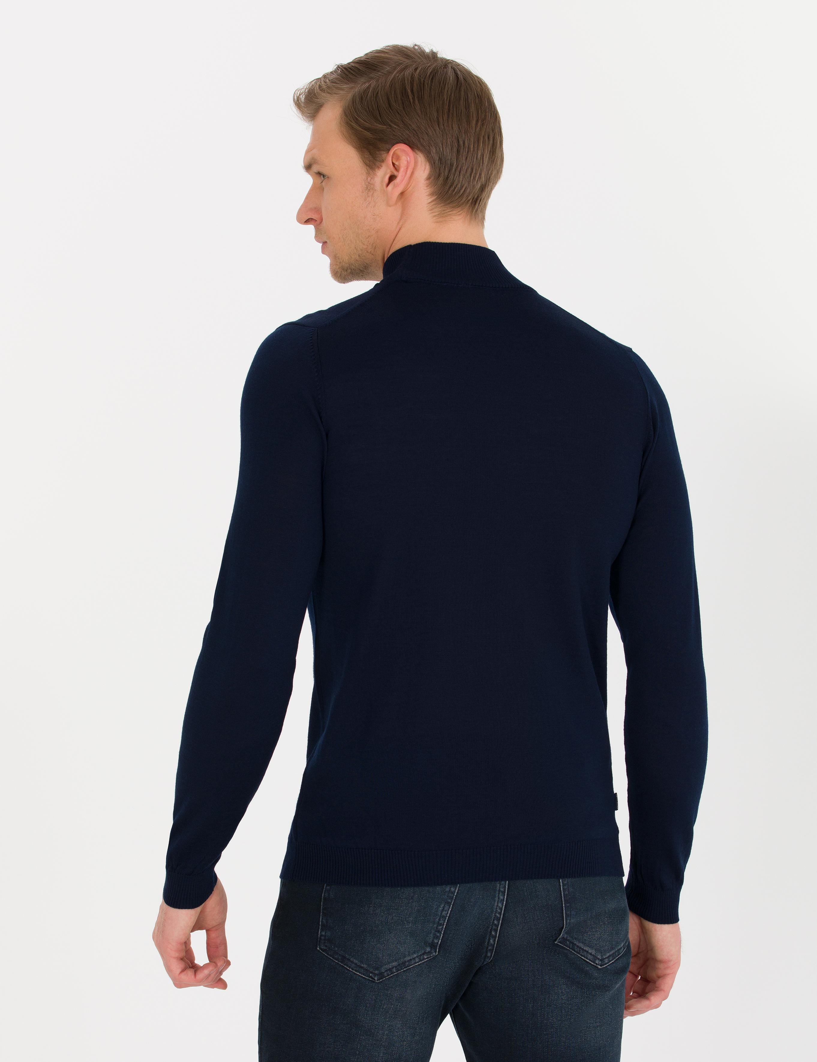 Lacivert Slim Fit Yarım Balıkçı Yaka Yün Karışımlı Basic Triko Kazak