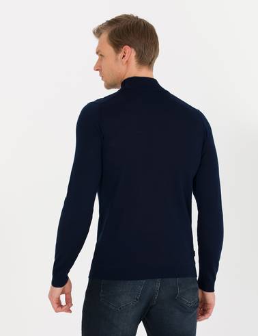 Lacivert Slim Fit Yarım Balıkçı Yaka Yün Karışımlı Basic Triko Kazak