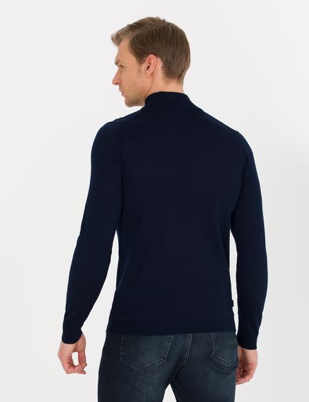 Lacivert Slim Fit Yarım Balıkçı Yaka Yün Karışımlı Basic Triko Kazak - 50257313013