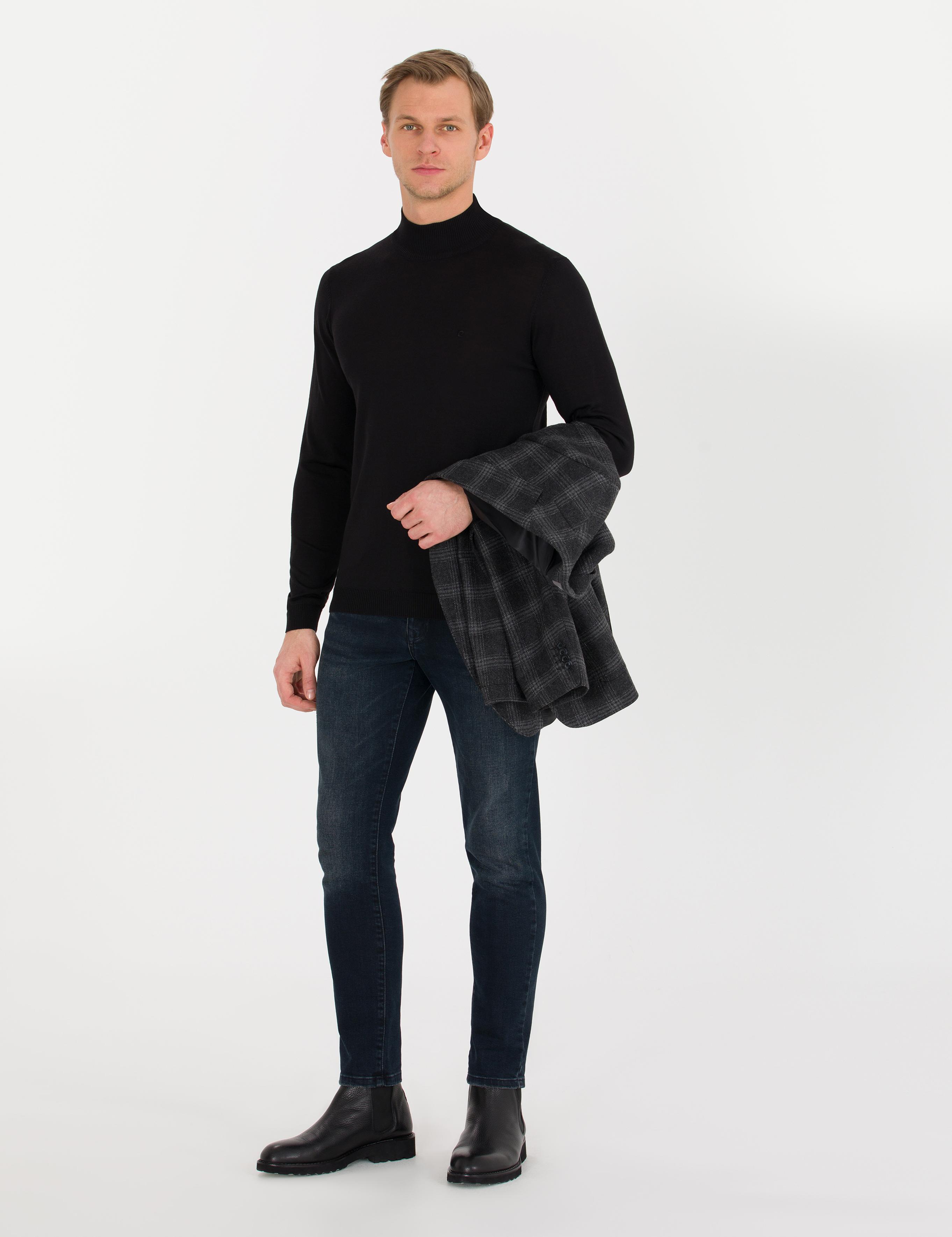 Siyah Slim Fit Yarım Balıkçı Yaka Yün Karışımlı Basic Triko Kazak