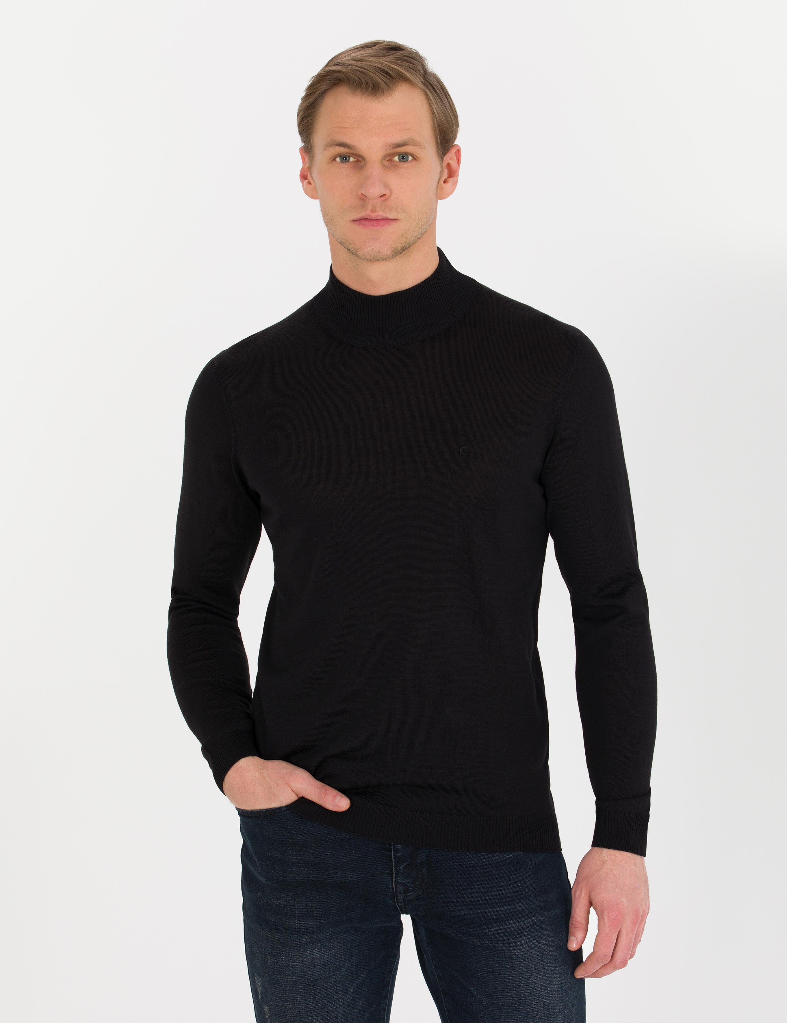 Siyah Slim Fit Yarım Balıkçı Yaka Yün Karışımlı Basic Triko Kazak