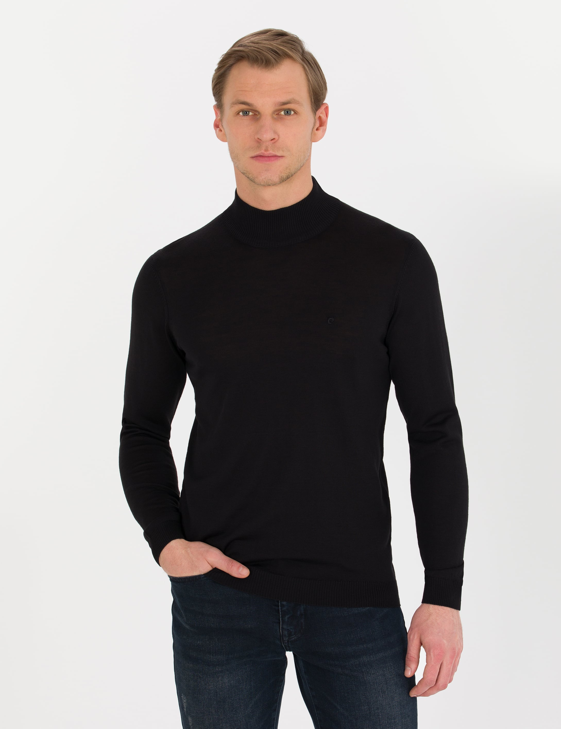 Siyah Slim Fit Yarım Balıkçı Yaka Yün Karışımlı Basic Triko Kazak