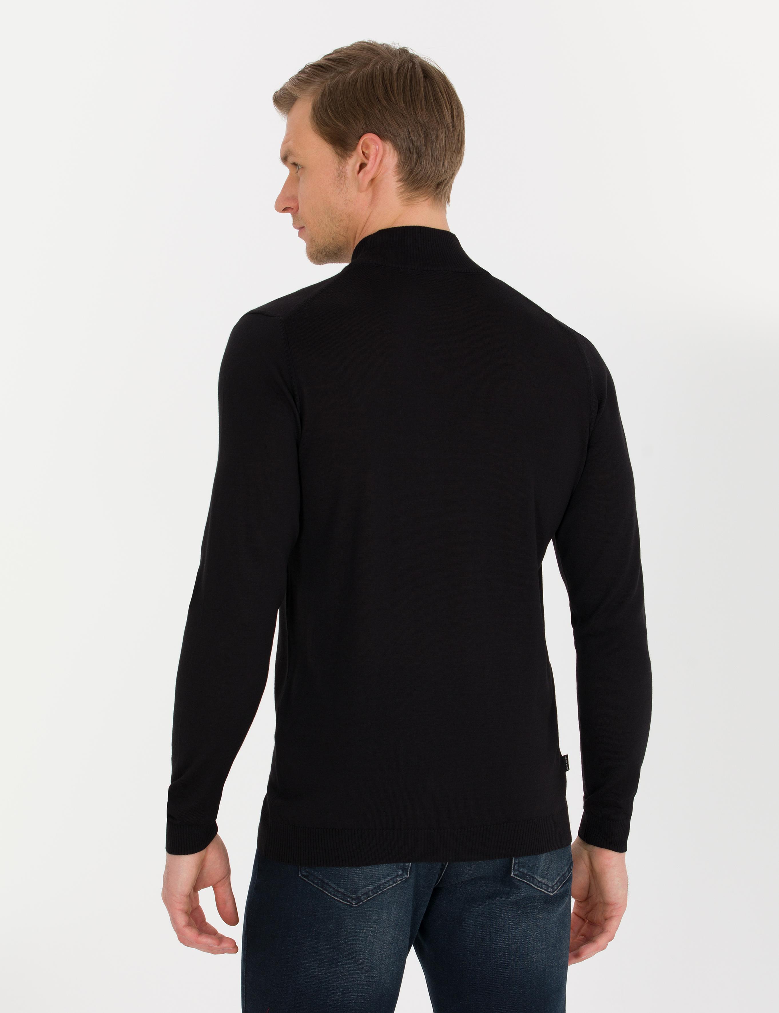 Siyah Slim Fit Yarım Balıkçı Yaka Yün Karışımlı Basic Triko Kazak