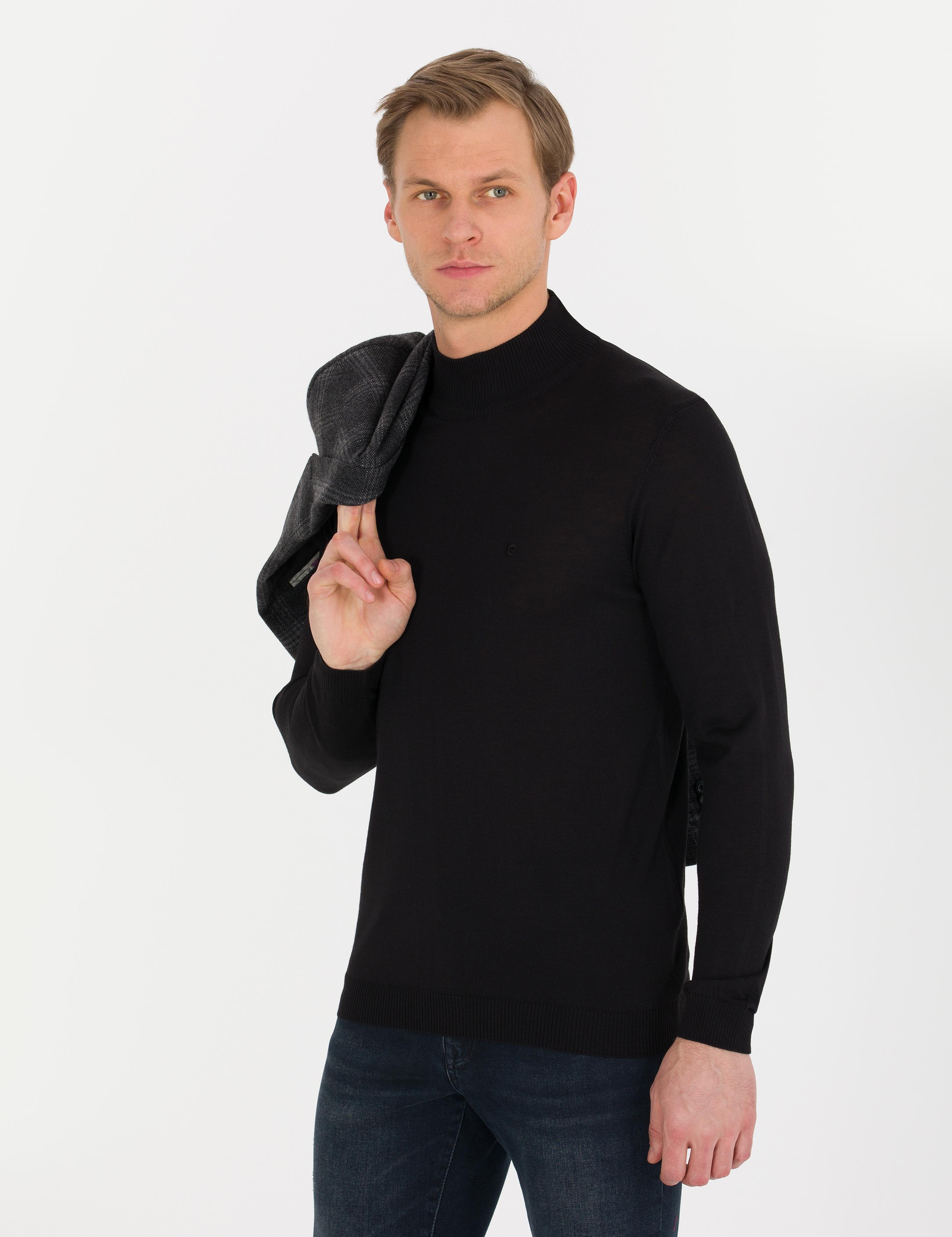 Siyah Slim Fit Yarım Balıkçı Yaka Yün Karışımlı Basic Triko Kazak