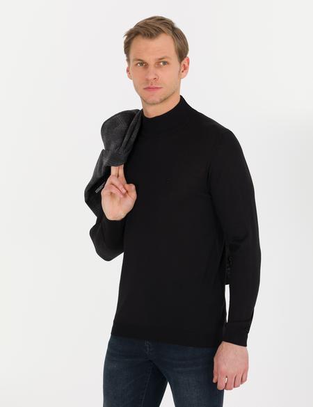 Siyah Slim Fit Yarım Balıkçı Yaka Yün Karışımlı Basic Triko Kazak - 50257313031