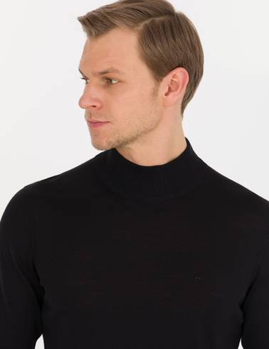Siyah Slim Fit Yarım Balıkçı Yaka Yün Karışımlı Basic Triko Kazak