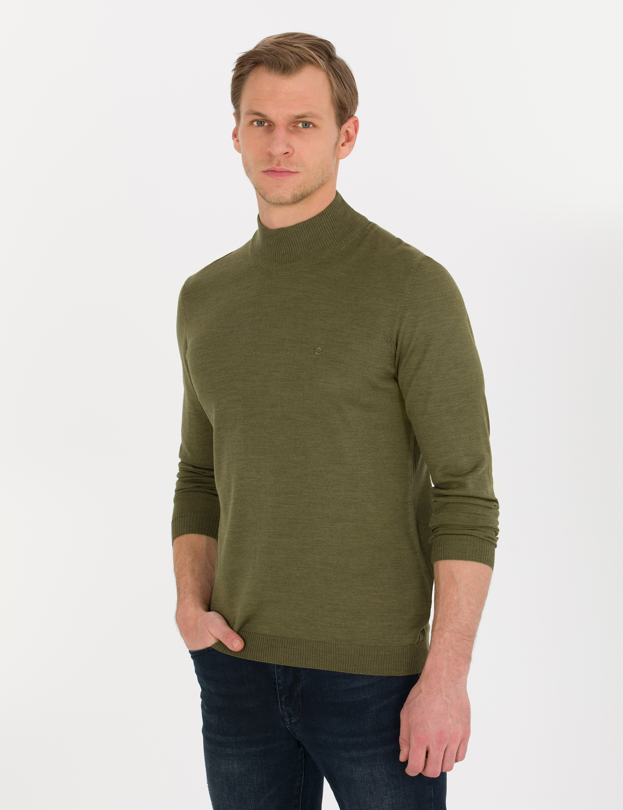 Açık Yeşil Slim Fit Yarım Balıkçı Yaka Yün Karışımlı Basic Triko Kazak