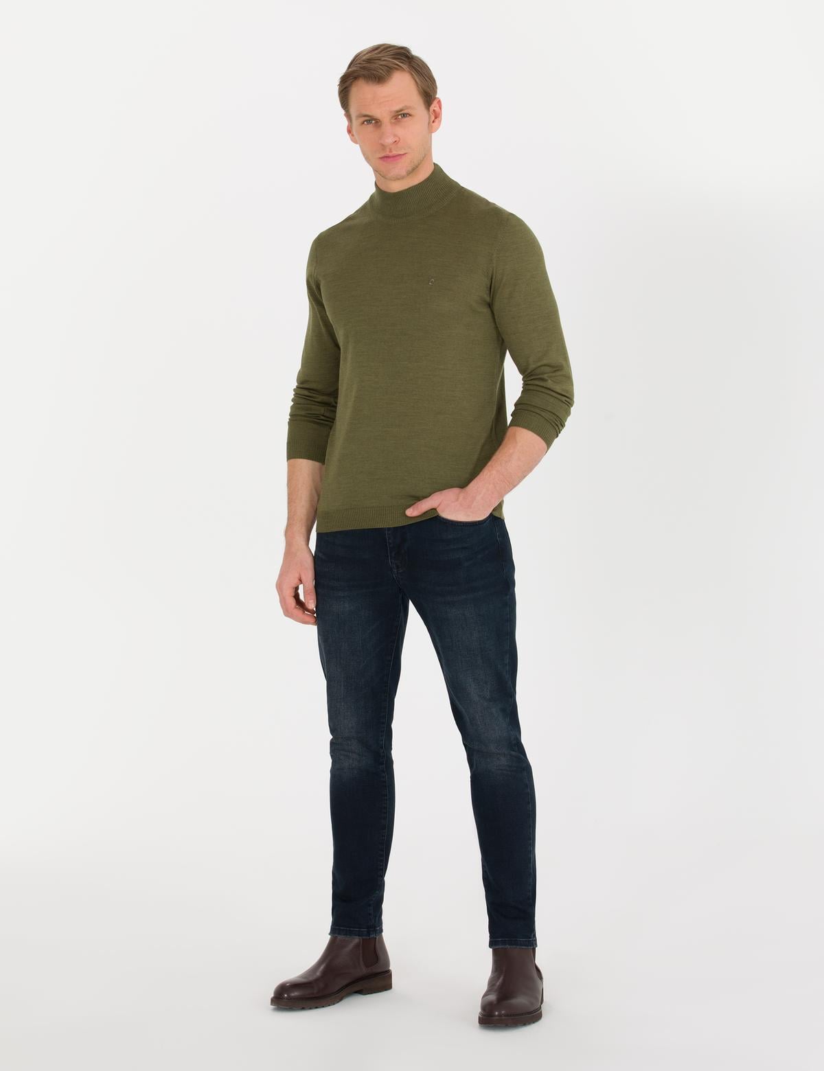 Açık Yeşil Slim Fit Yarım Balıkçı Yaka Yün Karışımlı Basic Triko Kazak - 50257313058