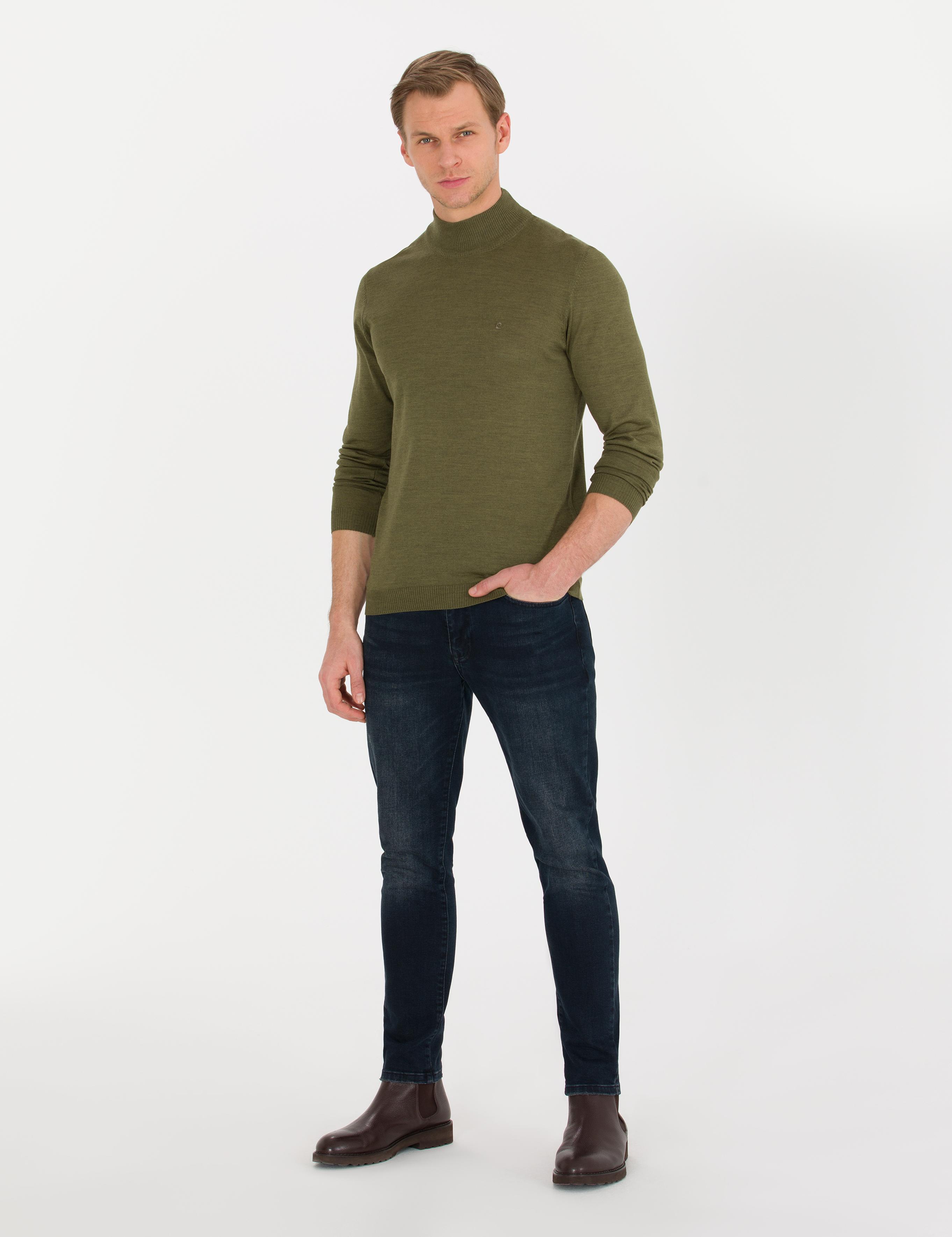 Açık Yeşil Slim Fit Yarım Balıkçı Yaka Yün Karışımlı Basic Triko Kazak