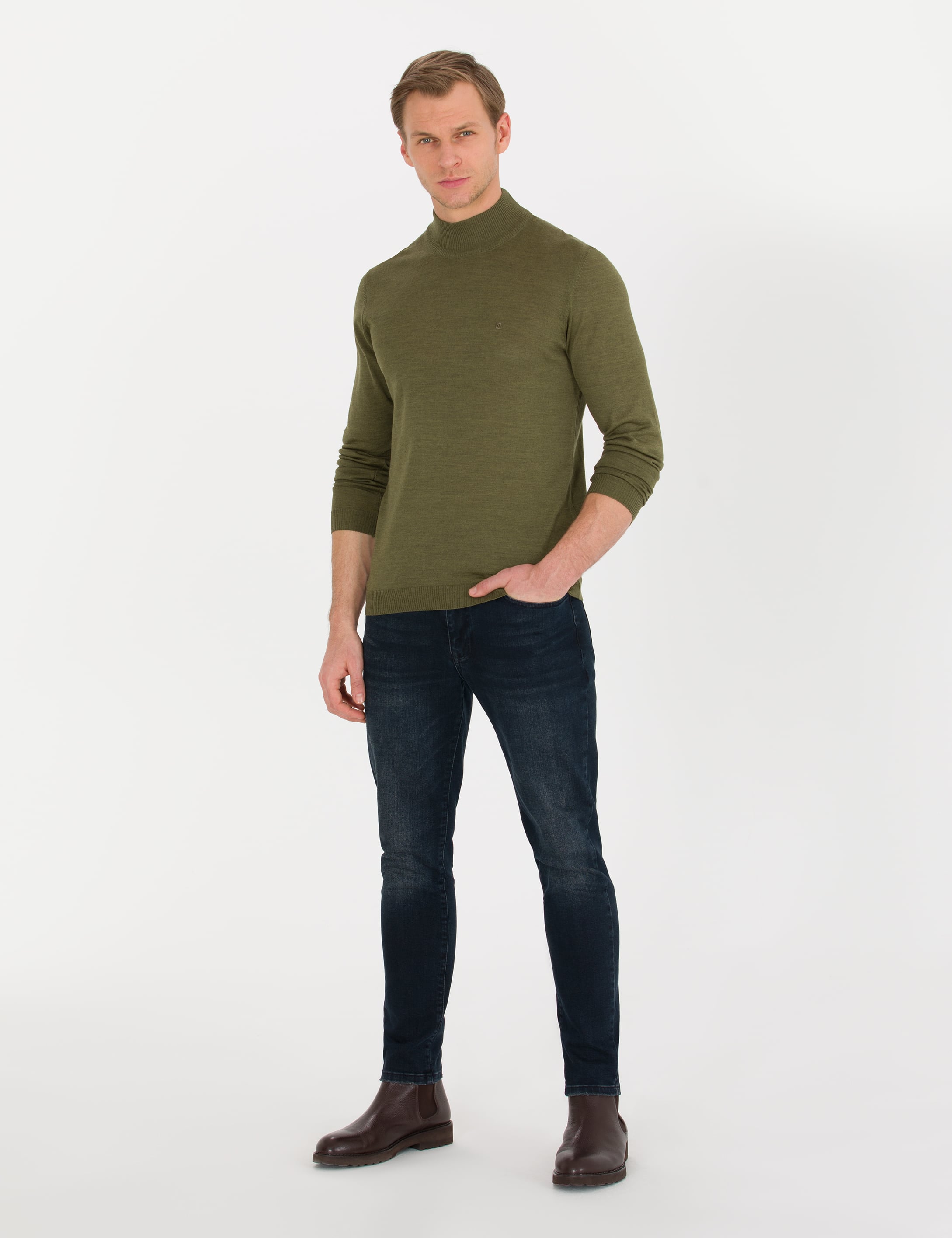 Açık Yeşil Slim Fit Yarım Balıkçı Yaka Yün Karışımlı Basic Triko Kazak
