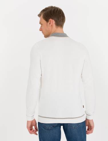 Ekru Slim Fit Fermuarlı Polo Yaka Triko Kazak