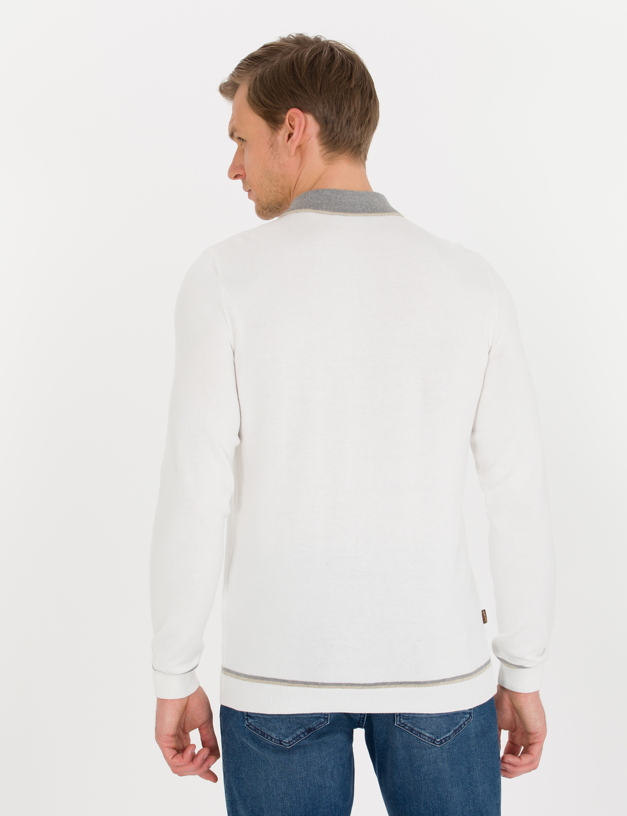 Ekru Slim Fit Fermuarlı Polo Yaka Triko Kazak - Image 5