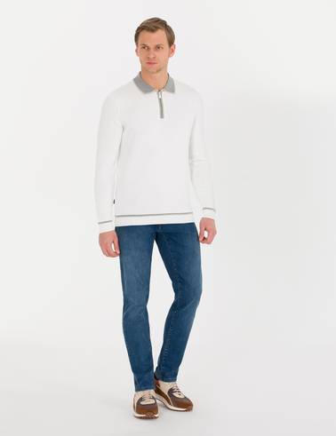 Ekru Slim Fit Fermuarlı Polo Yaka Triko Kazak