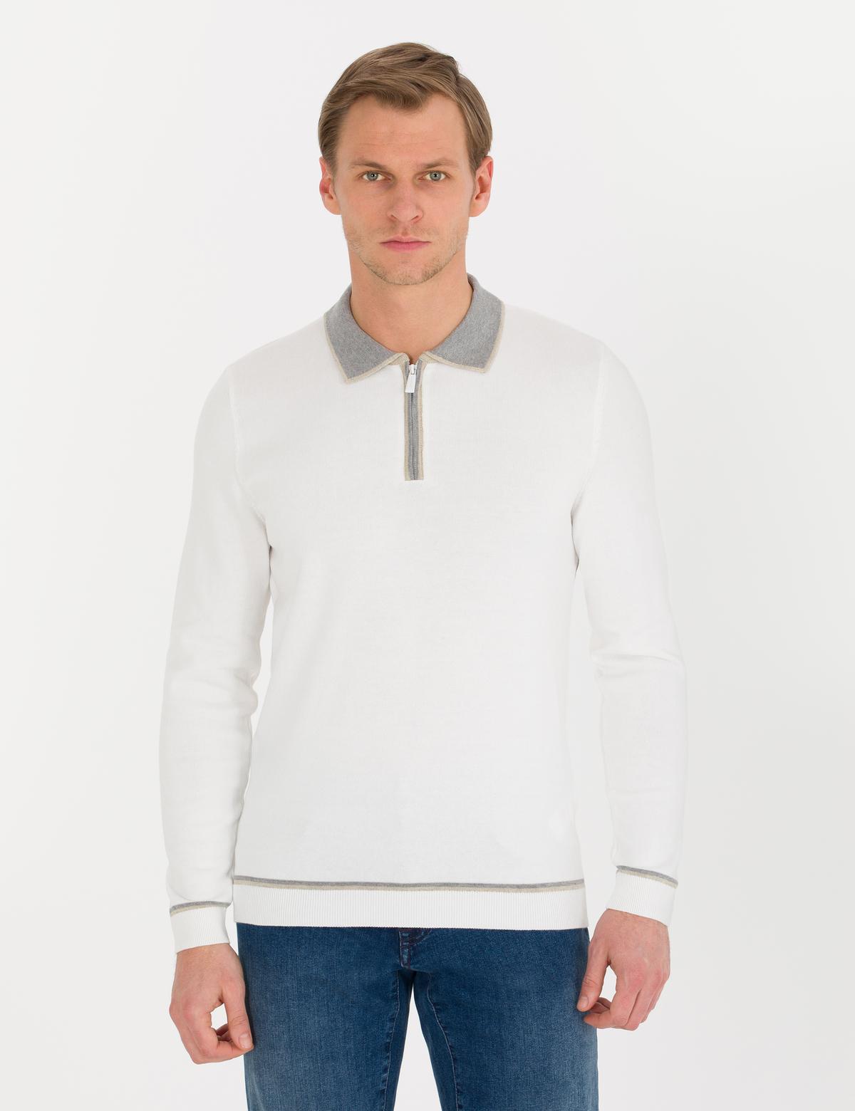 Ekru Slim Fit Fermuarlı Polo Yaka Triko Kazak - 50258793003