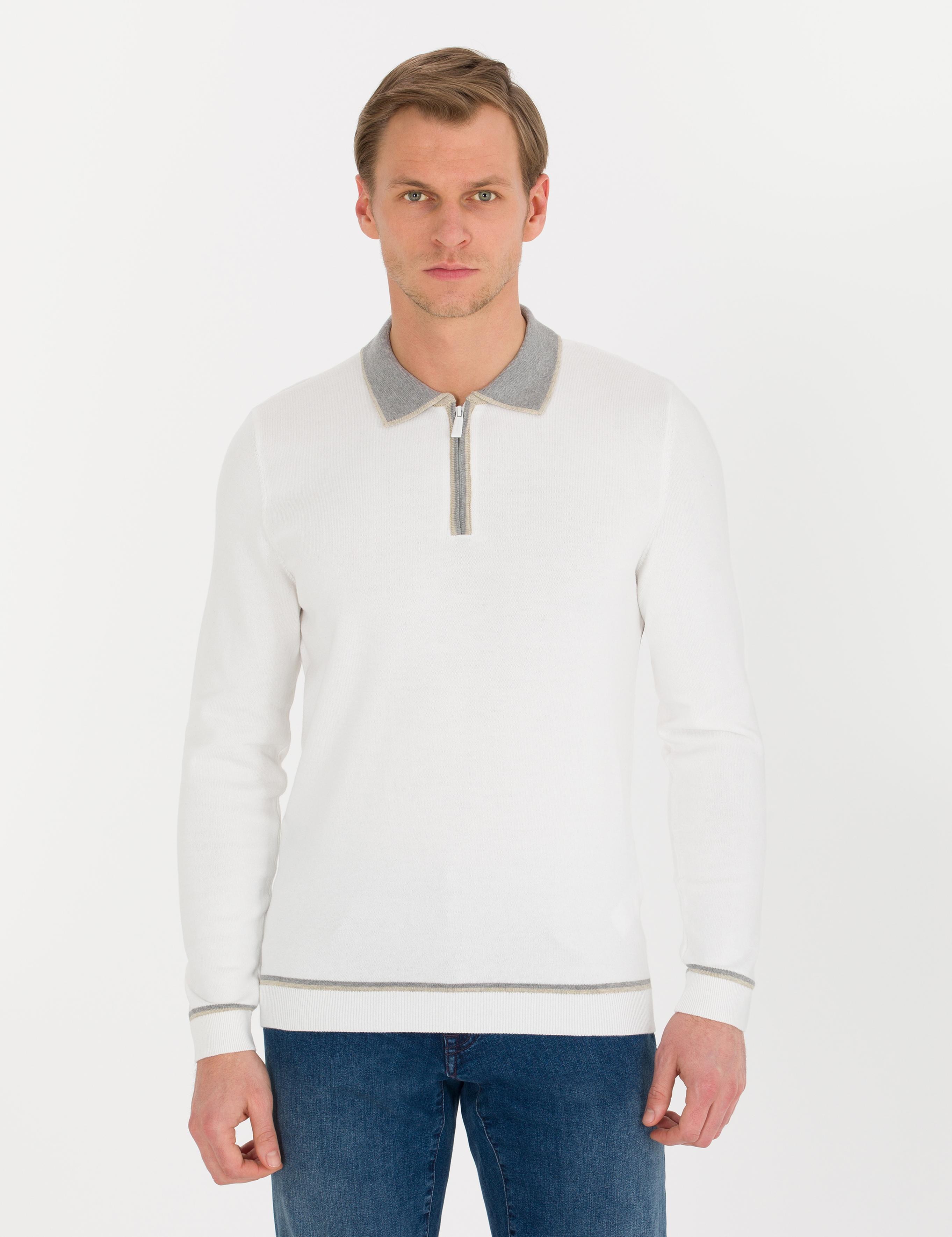 Ekru Slim Fit Fermuarlı Polo Yaka Triko Kazak