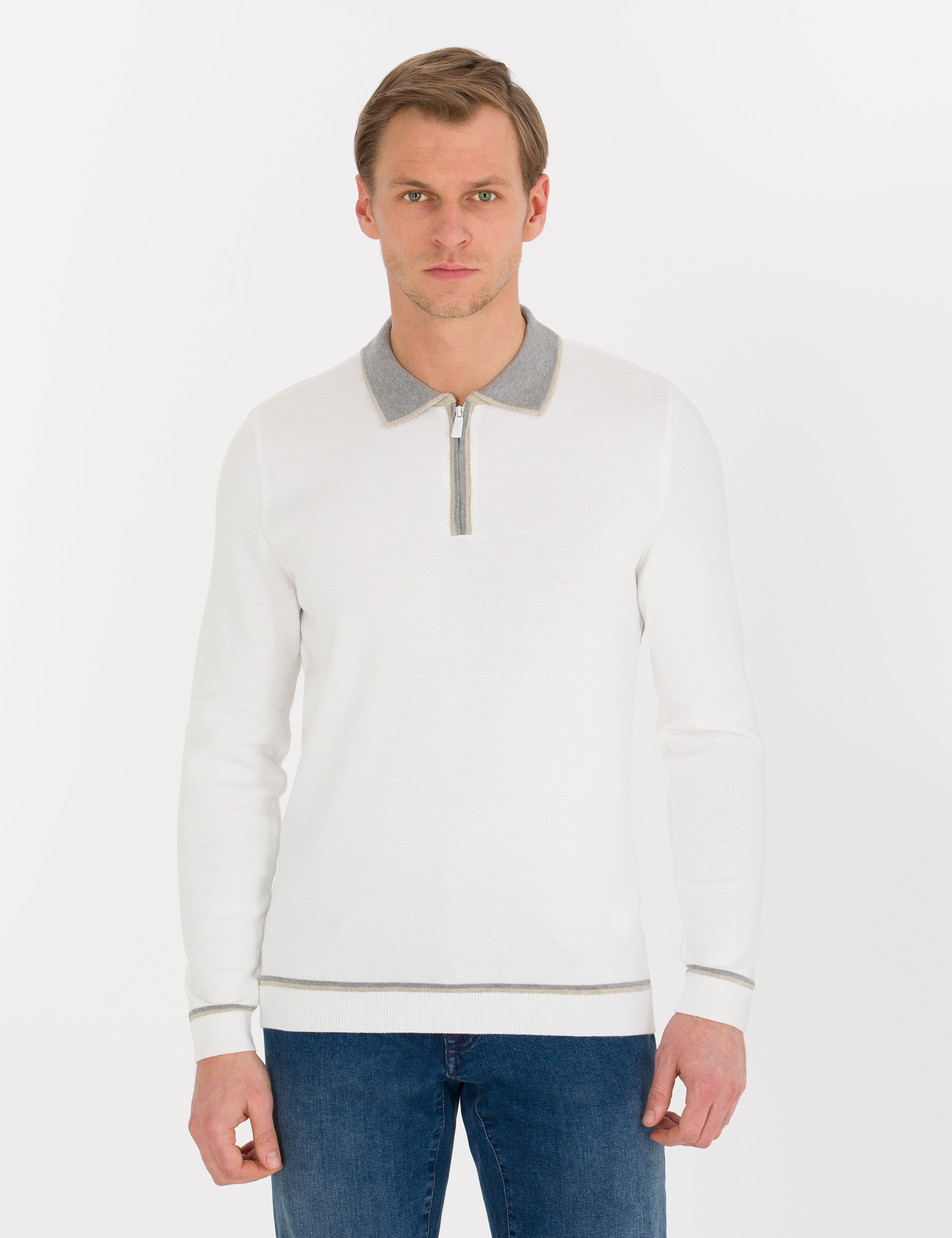Ekru Slim Fit Fermuarlı Polo Yaka Triko Kazak - Image 4
