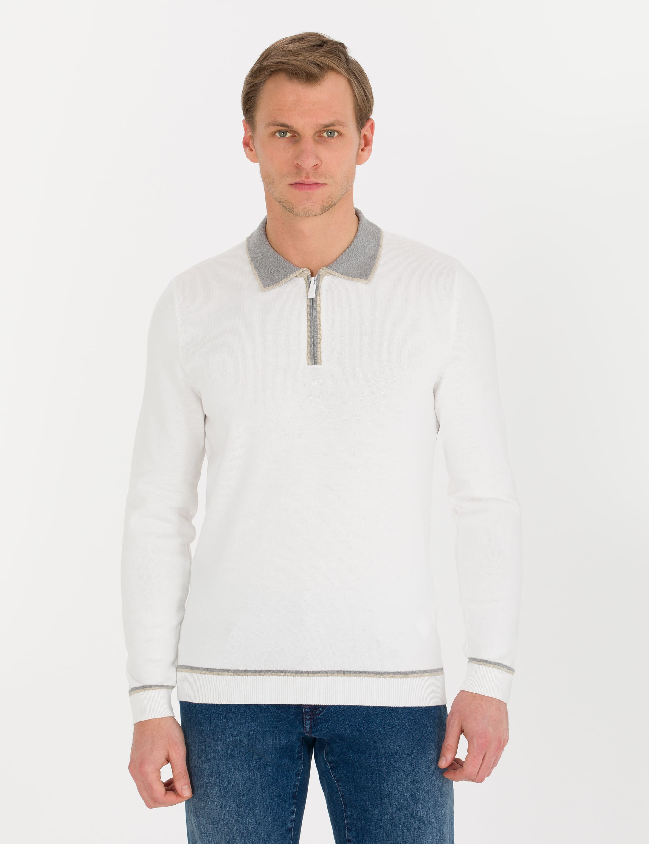 Ekru Slim Fit Fermuarlı Polo Yaka Triko Kazak
