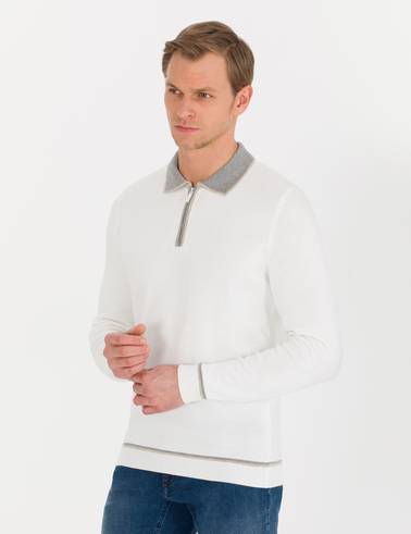Ekru Slim Fit Fermuarlı Polo Yaka Triko Kazak