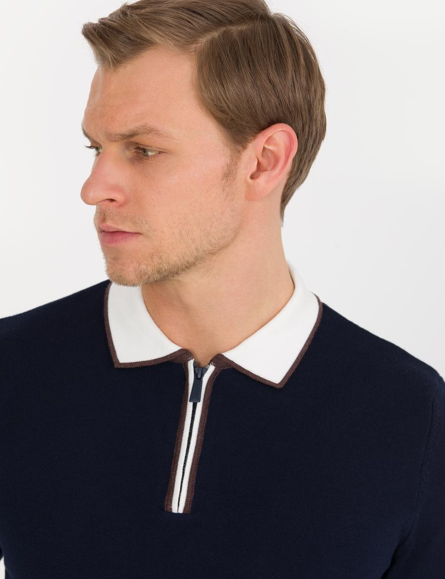 Lacivert Slim Fit Fermuarlı Polo Yaka Triko Kazak
