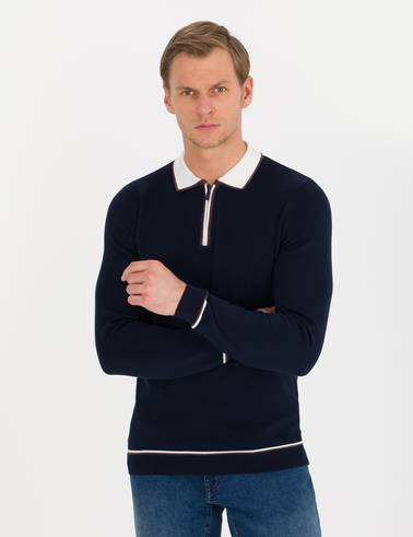 Lacivert Slim Fit Fermuarlı Polo Yaka Triko Kazak