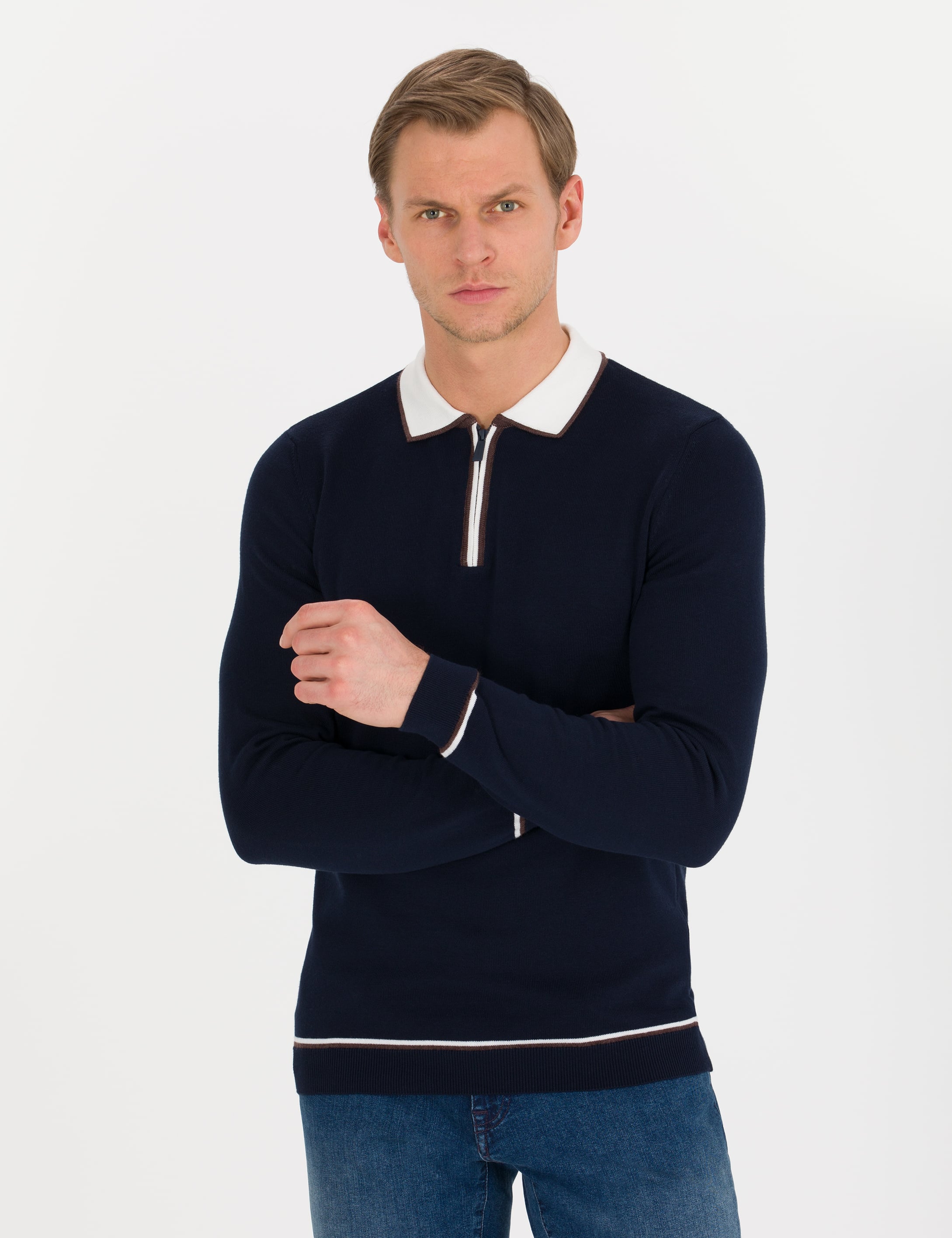 Lacivert Slim Fit Fermuarlı Polo Yaka Triko Kazak - Image 1