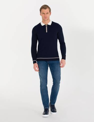 Lacivert Slim Fit Fermuarlı Polo Yaka Triko Kazak