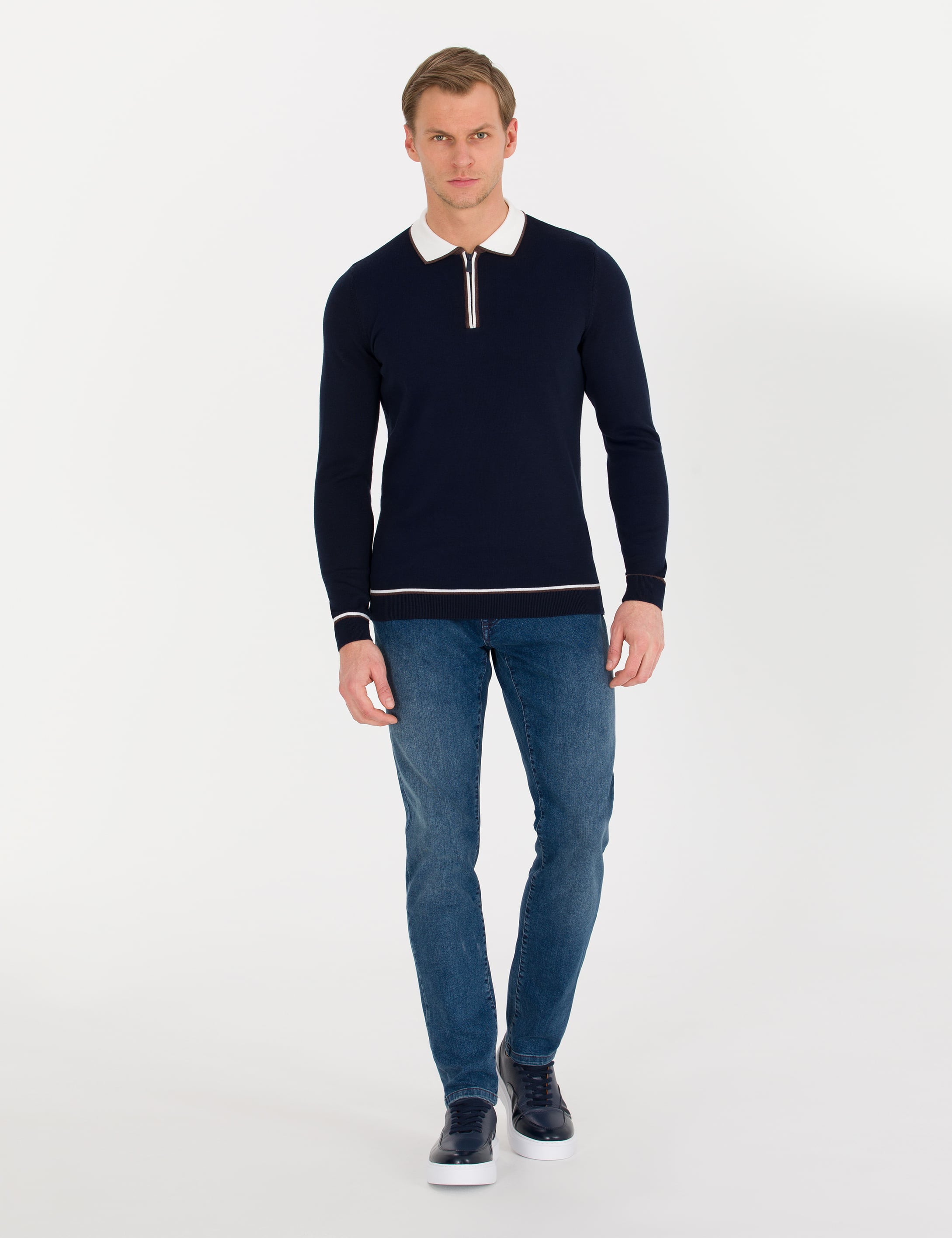 Lacivert Slim Fit Fermuarlı Polo Yaka Triko Kazak