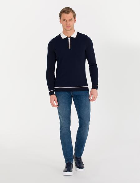 Lacivert Slim Fit Fermuarlı Polo Yaka Triko Kazak - 50258793014