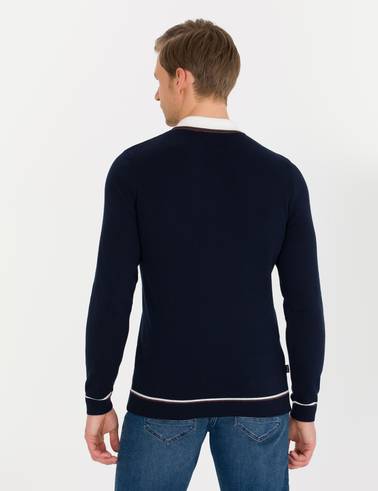Lacivert Slim Fit Fermuarlı Polo Yaka Triko Kazak