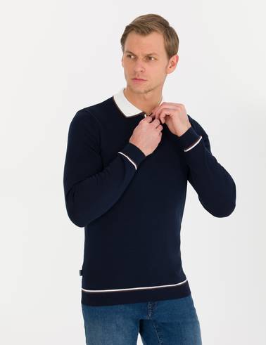 Lacivert Slim Fit Fermuarlı Polo Yaka Triko Kazak