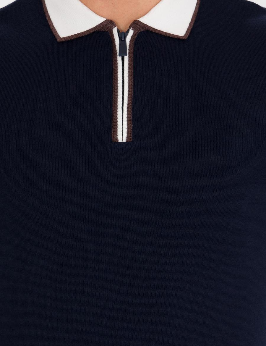 Lacivert Slim Fit Fermuarlı Polo Yaka Triko Kazak