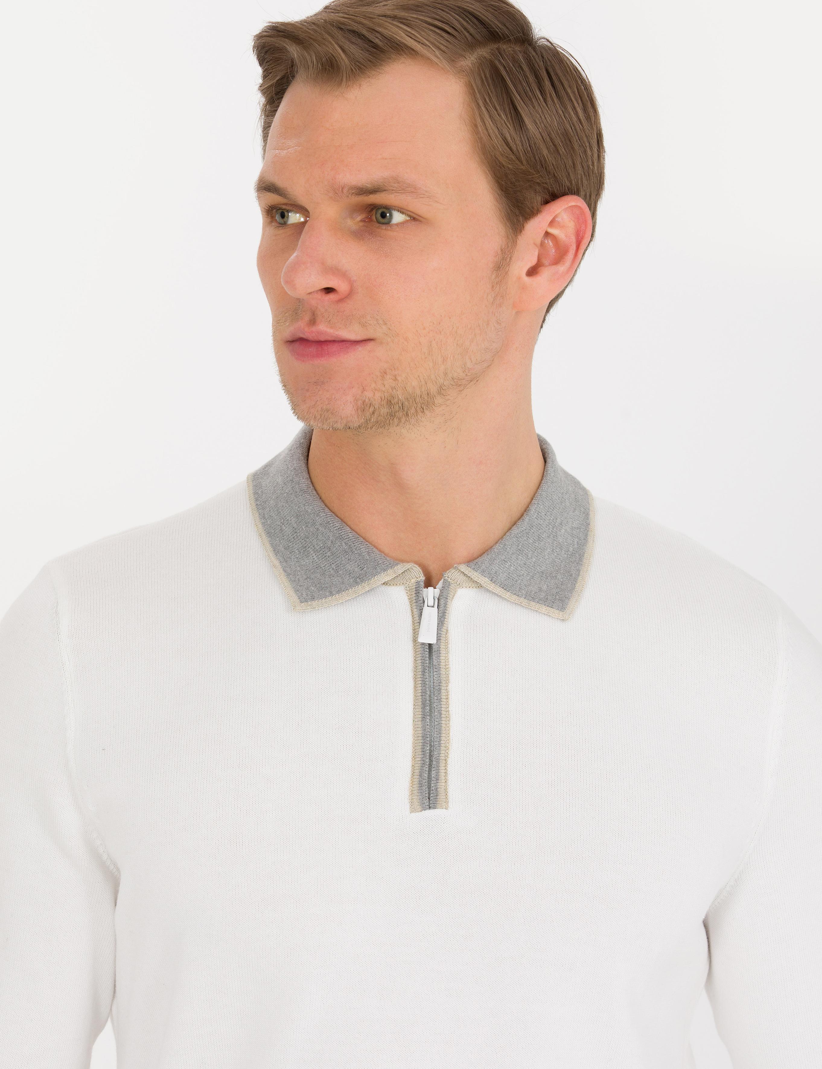 Ekru Slim Fit Fermuarlı Polo Yaka Triko Kazak