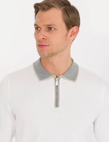 Ekru Slim Fit Fermuarlı Polo Yaka Triko Kazak