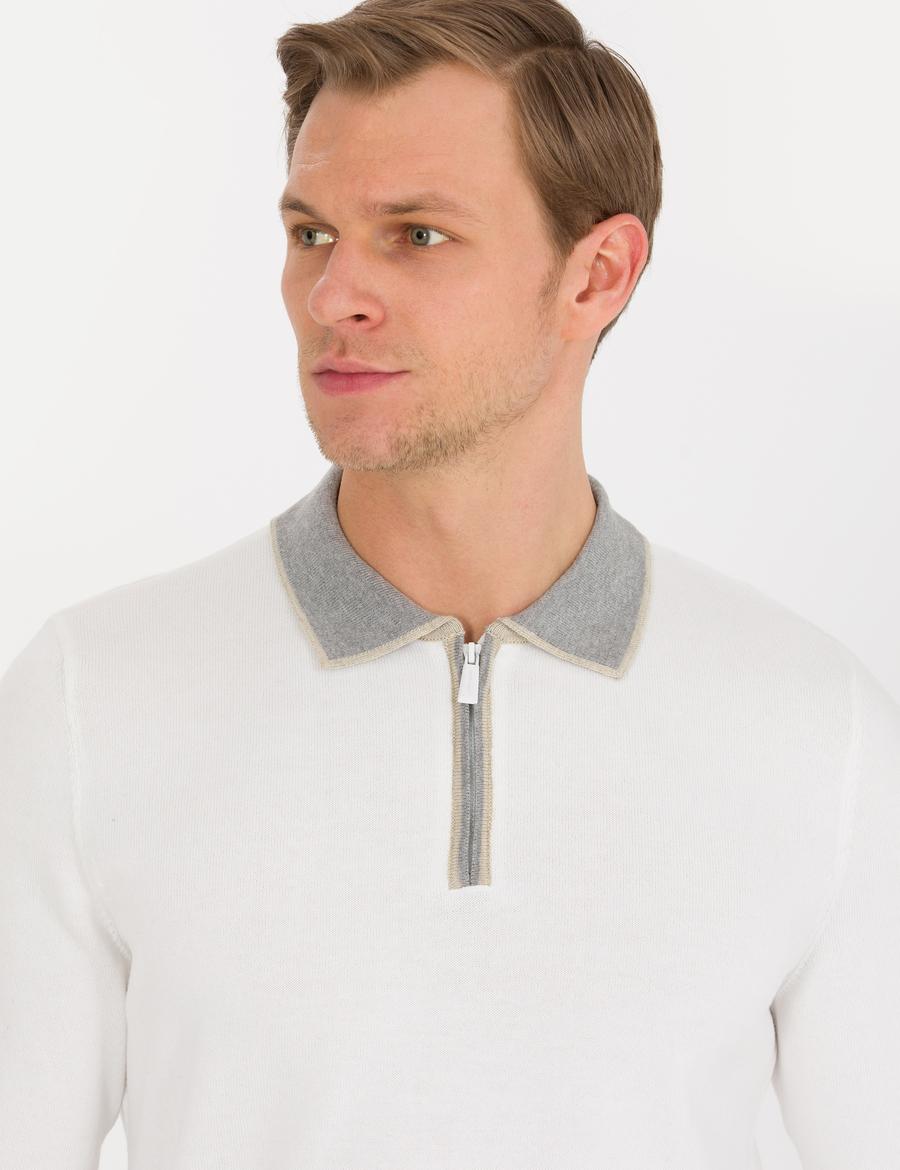 Ekru Slim Fit Fermuarlı Polo Yaka Triko Kazak