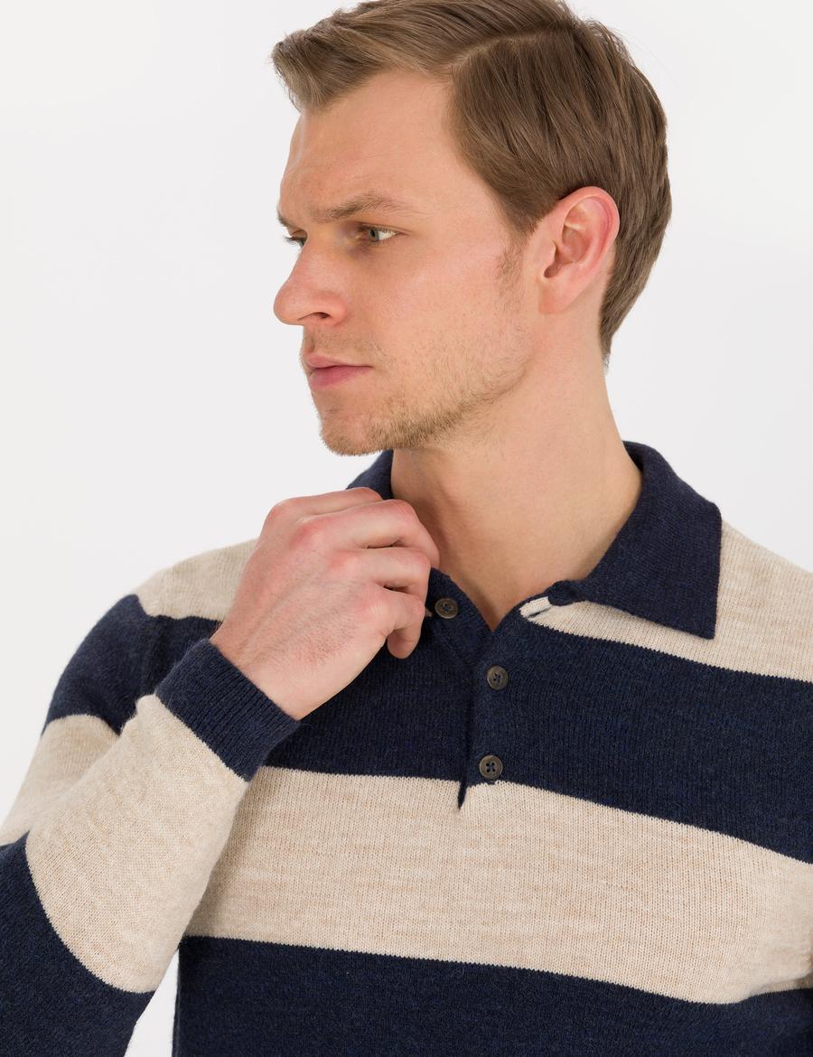 Lacivert Slim Fit Düğmeli Polo Yaka Triko Kazak