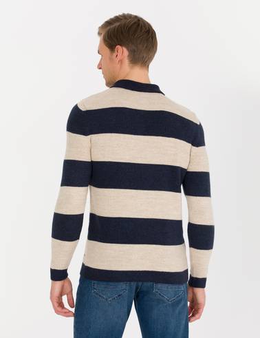 Lacivert Slim Fit Düğmeli Polo Yaka Triko Kazak