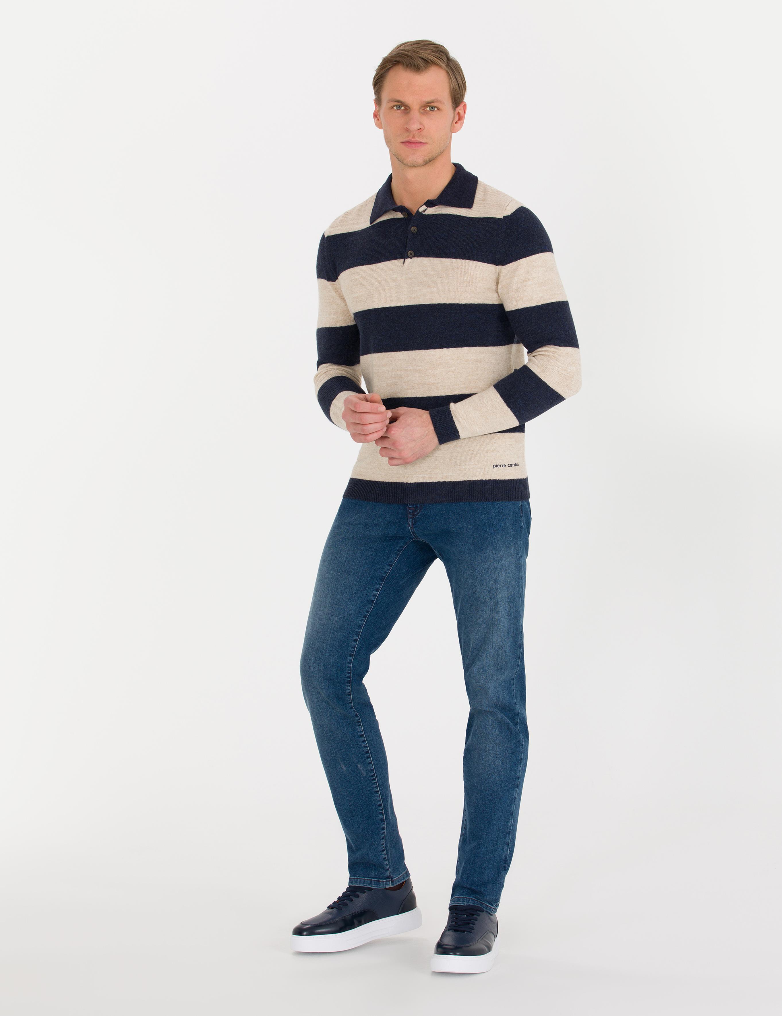 Lacivert Slim Fit Düğmeli Polo Yaka Triko Kazak