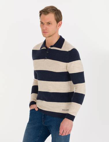Lacivert Slim Fit Düğmeli Polo Yaka Triko Kazak