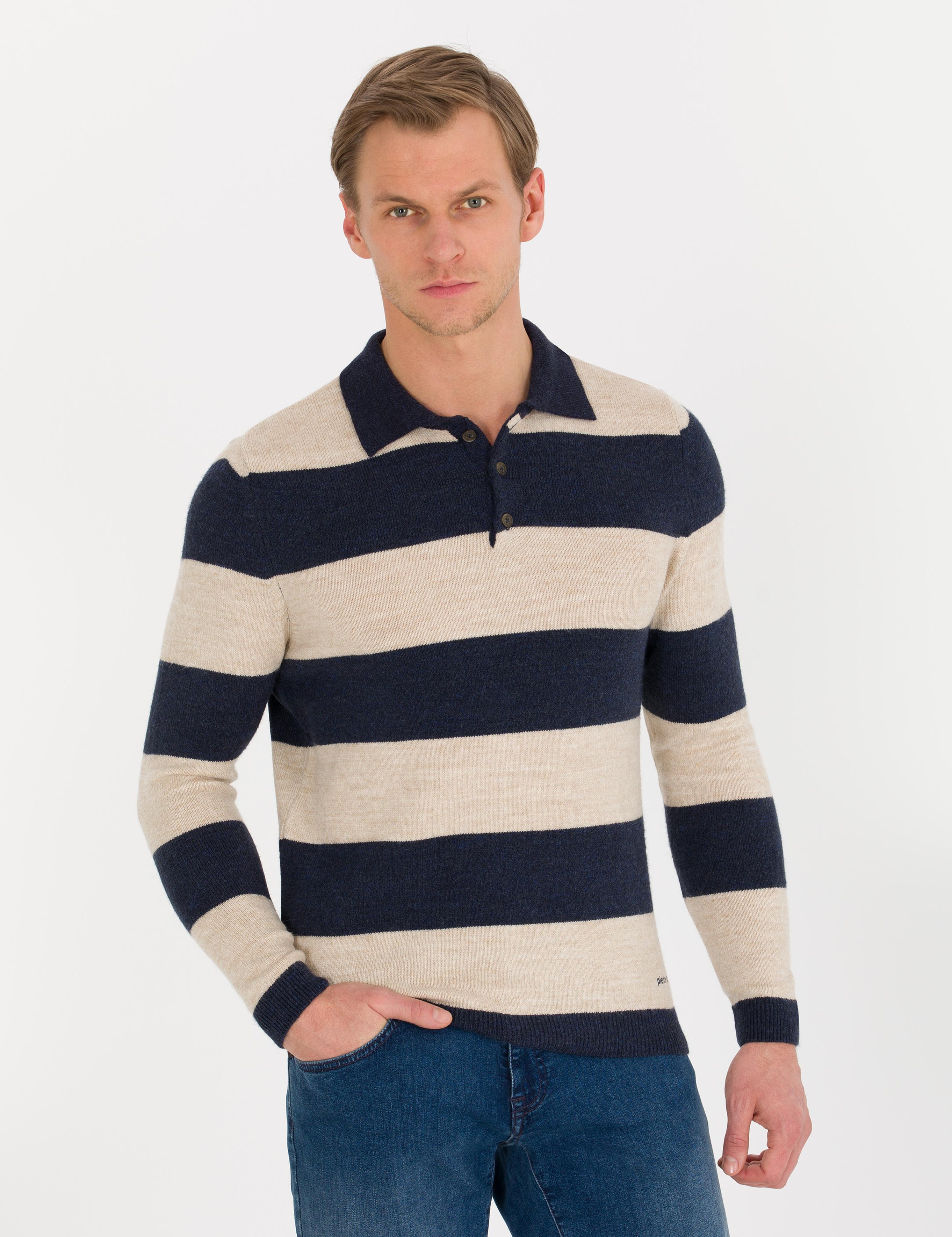 Lacivert Slim Fit Düğmeli Polo Yaka Triko Kazak