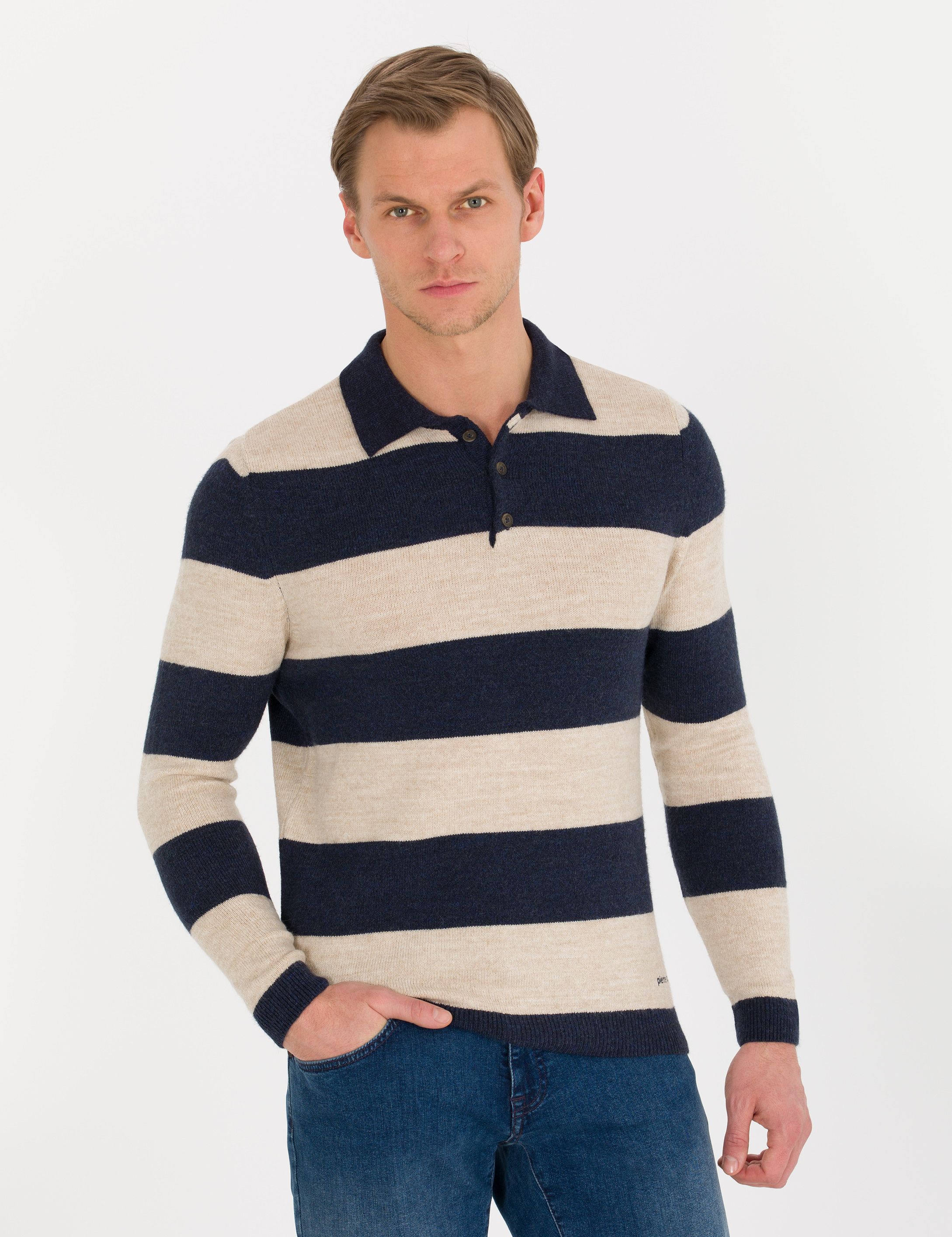 Lacivert Slim Fit Düğmeli Polo Yaka Triko Kazak